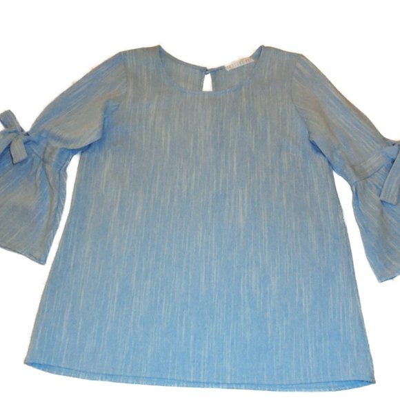 Blouse Blue Cotton bell sleeve tunic top careerwear shirt size Medium - Picture 2 of 7